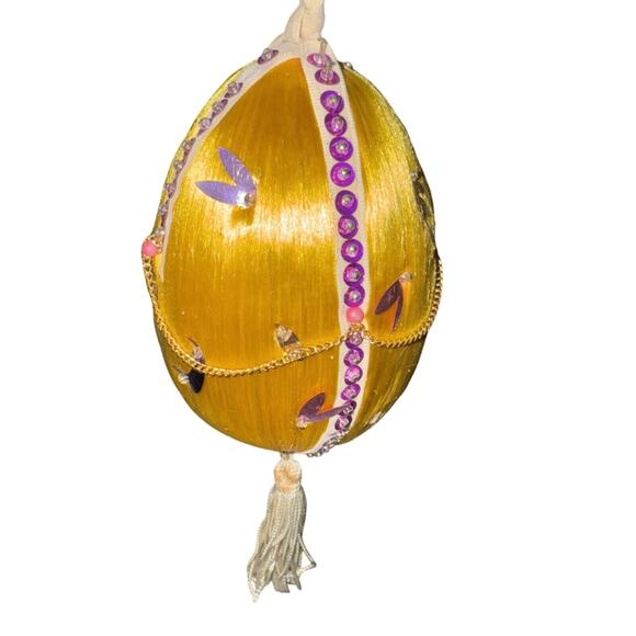 Vintage Satin Push Pin Sequin Bead Christmas Ornament Purple Yellow Gold - Picture 8 of 10